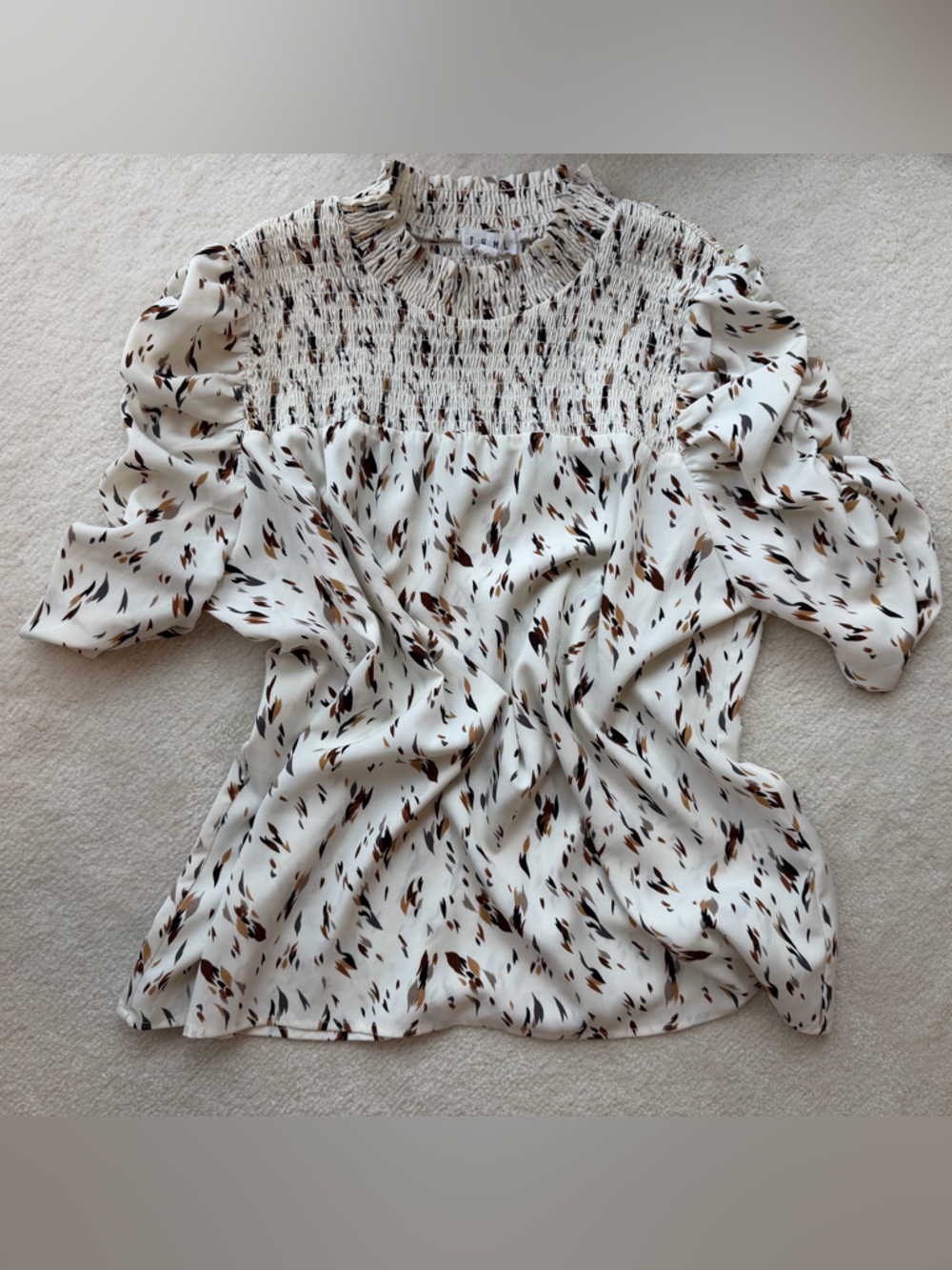 THML Ivory Printed Smocked Yoke Blouse with Brown & Black Flecks